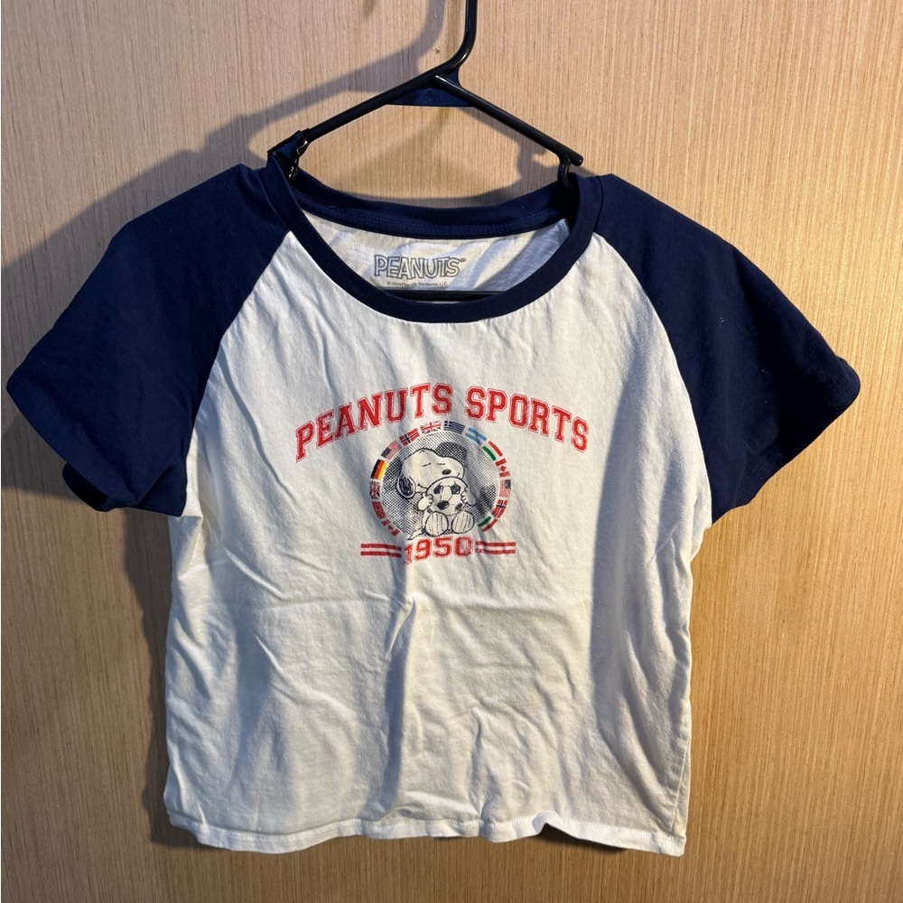 Women’s Peanuts Sports Cropped Raglan Tee - Navy and White Size XL